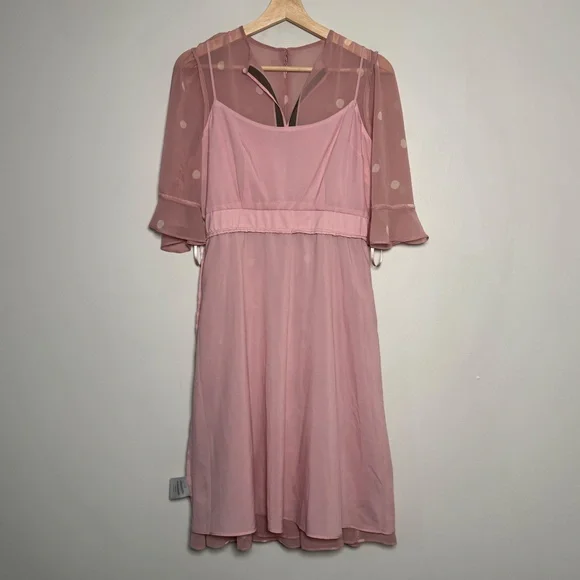 Gal Meets Glam Finely Polka Dot Tiered Midi Pink Dress Women's 4 Petite - Picture 14 of 16